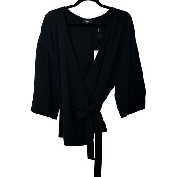 NWT Theory Black Long-Sleeve Wrap V-neck Blouse Top (L) - Picture 2 of 14